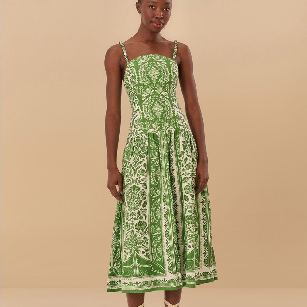 FARM Rio Green Delicate Tapestry Euroflax™ Premium Linen Midi Dress